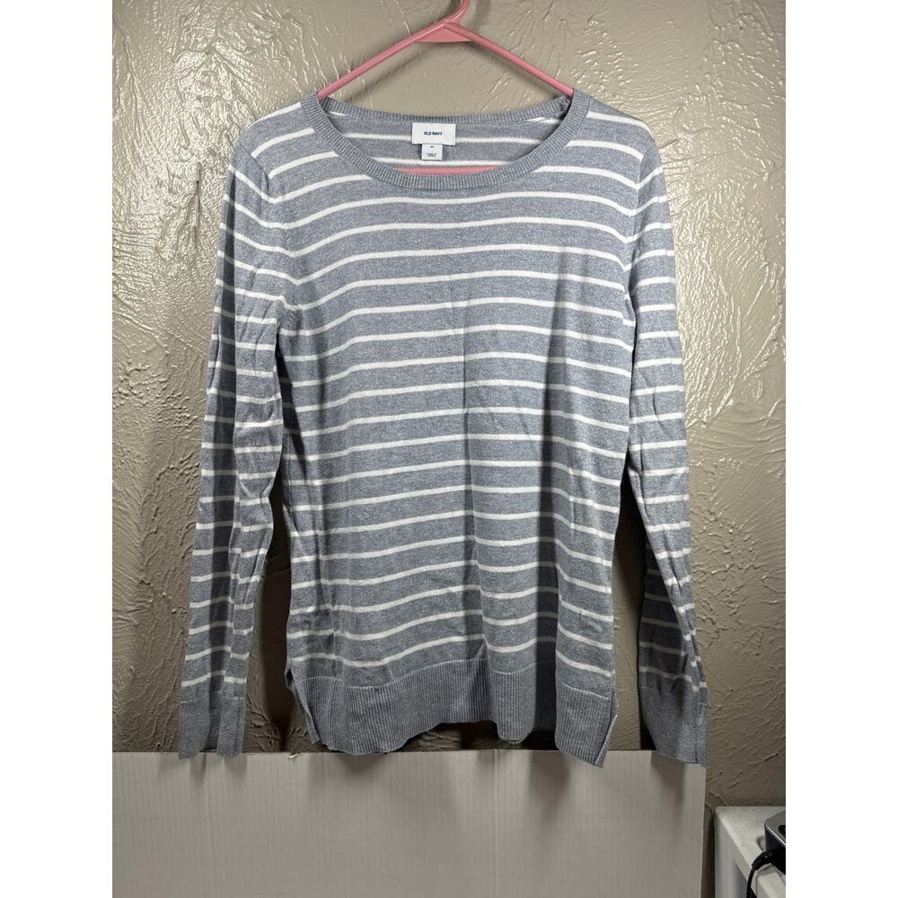 Old Navy Womens Crew-Neck Sweater Knit Sparkly Gray/White Striped Size Medium